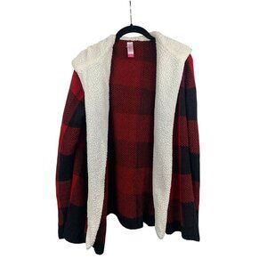 No Boundaries Red Plaid Hooded Cardigan M With Sherpa Lining